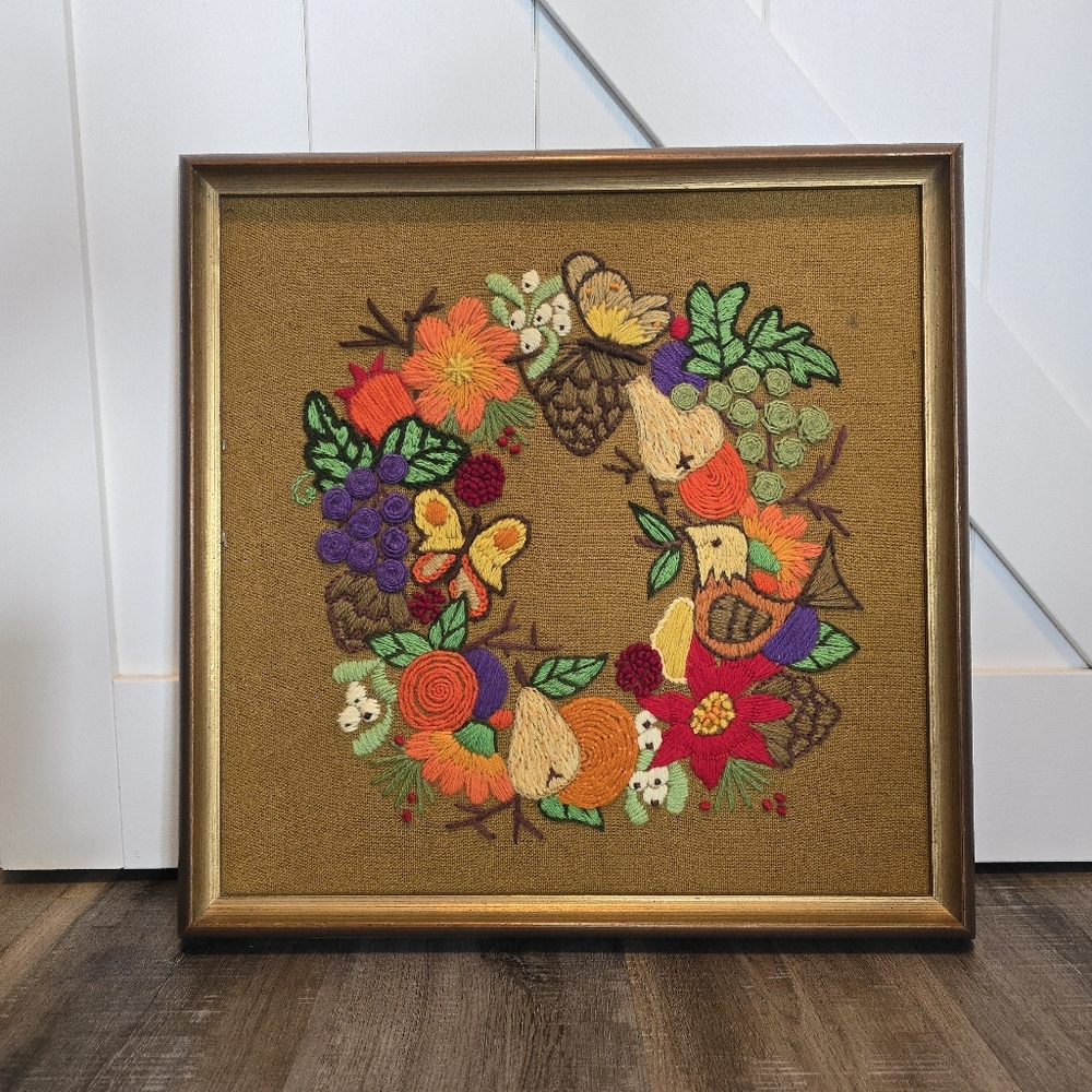 VTG 1970s Crewel Embroidery Wreath W/ Bird Butterflies Handmade Complete Framed